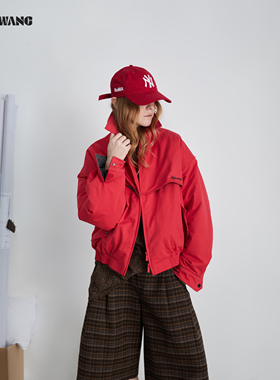 LEDIM WANG解构红色短款棉服外套女25秋冬新款保暖宽松休闲夹克