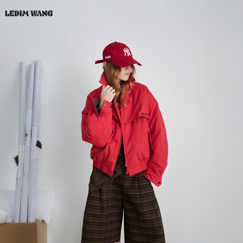 LEDIM WANG新年红色短款棉服外套女秋冬新款保暖宽松休闲夹克