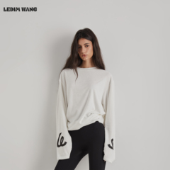 LEDIM WANG毛圈印花T恤女25秋冬新款薄款打底内搭白色长袖上衣