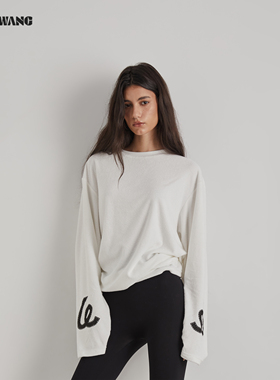 LEDIM WANG毛圈印花T恤女25秋冬新款薄款打底内搭白色长袖上衣