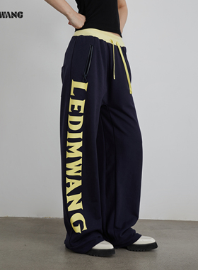 LEDIM WANG红标/双腰头撞色吊档卫裤女2025冬藏蓝色新款直筒长裤