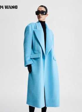 LEDIM WANG原创设计蓝色羊驼毛毛呢外套2023冬苏力宽肩直筒大衣