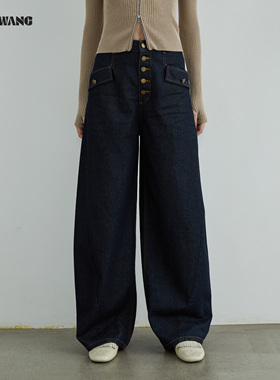 LEDIM WANG白标/复古原色多口袋牛仔裤女25秋新款阔腿弯刀裤长裤