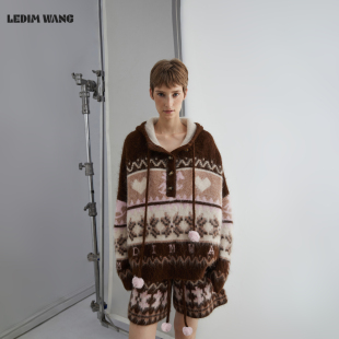 WANG圣诞穿搭费尔岛毛衣女25冬季 LEDIM 棕色连帽新款 明星同款