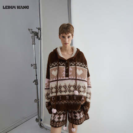 【明星同款】LEDIM WANG圣诞穿搭费尔岛毛衣女25冬季棕色连帽新款