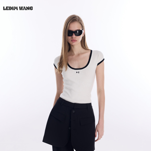 白色宽松亲肤通勤上衣 T恤女2026春新款 LEDIM WANG撞色刺绣短袖