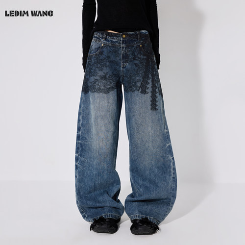 LEDIMWANG复古蕾丝印花牛仔裤女