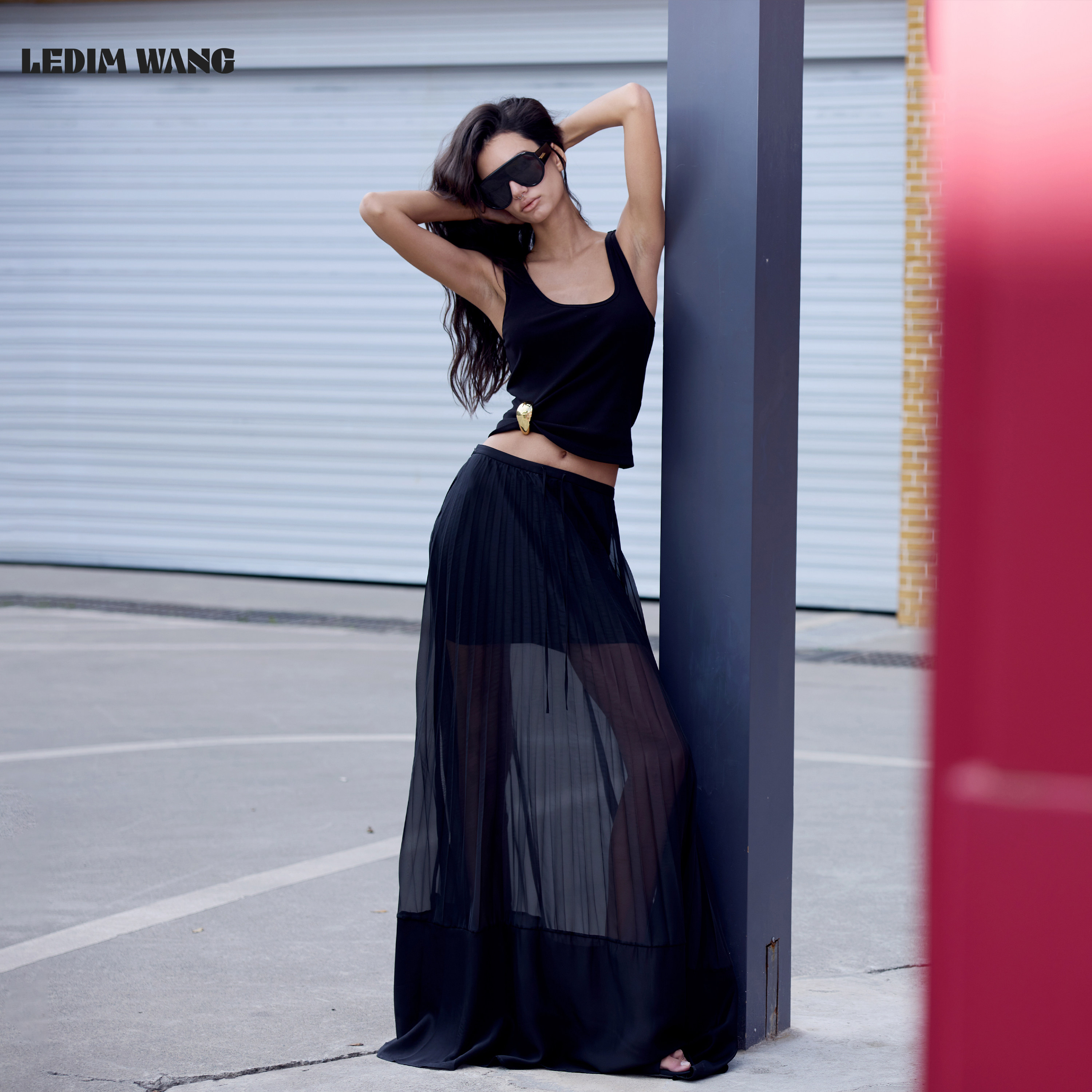 LEDIM WANG风琴褶雪纺半身裙纱裙女黑色轻薄松紧腰长裙26夏季新款