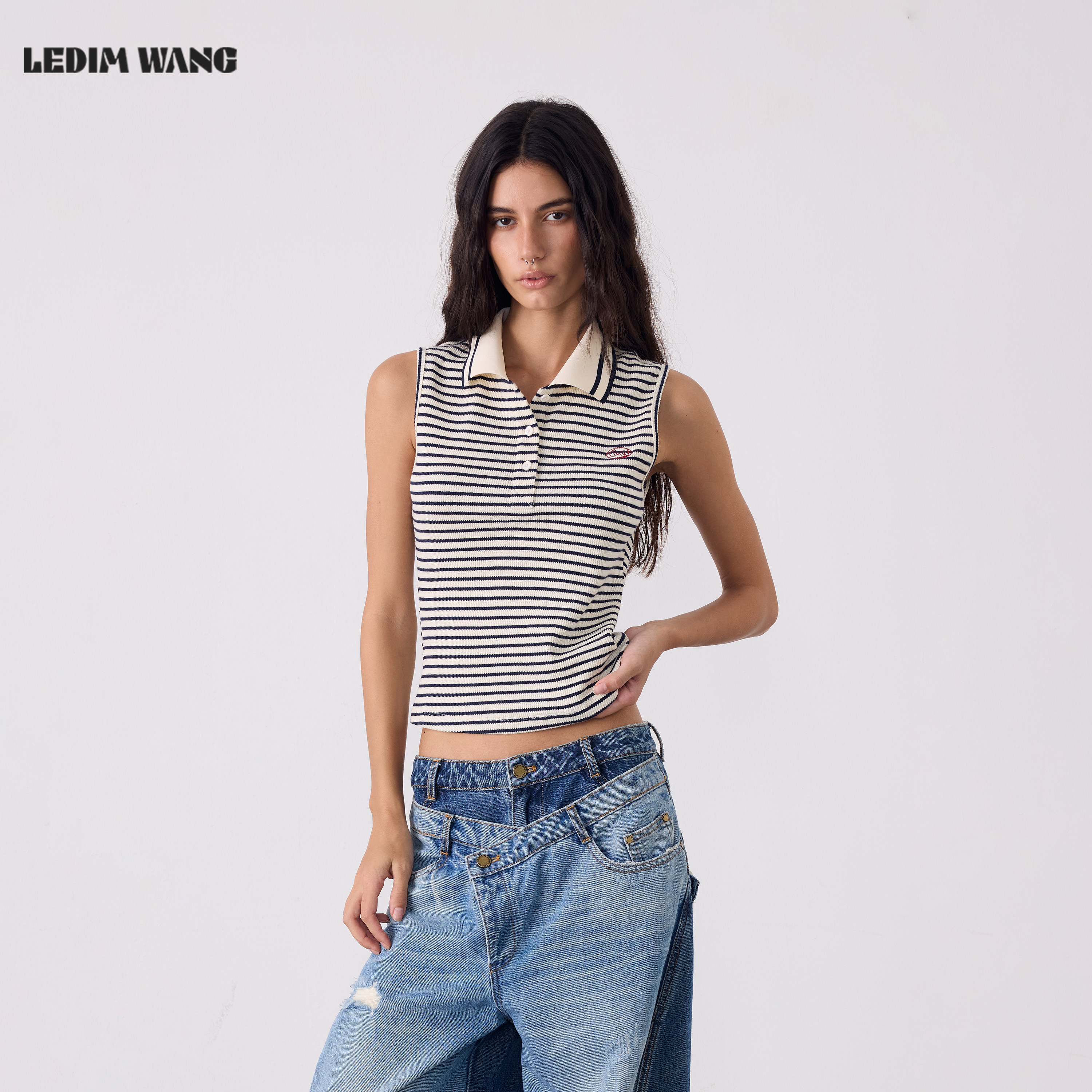 LEDIM WANG条纹无袖修身polo衫T恤女百搭休闲时髦上衣26夏季新款