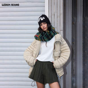 羊毛弹力宽松绿色短裤 女25秋冬新款 WANG麻花针织A形休闲裤 LEDIM