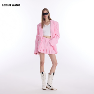 通勤格纹阔版 LEDIM 女2026春新款 套装 WANG学院风粉色西服短裙时尚