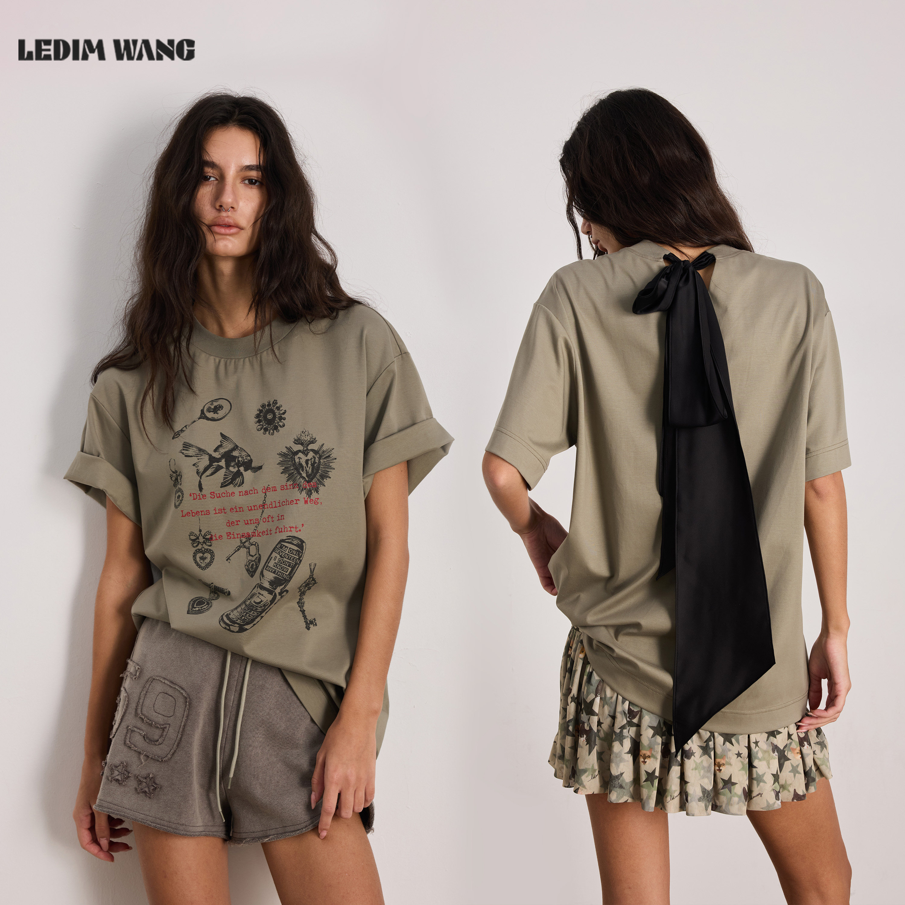 【明星同款】LEDIM WANG印花短袖T恤女灰绿色百搭上衣2026夏新款