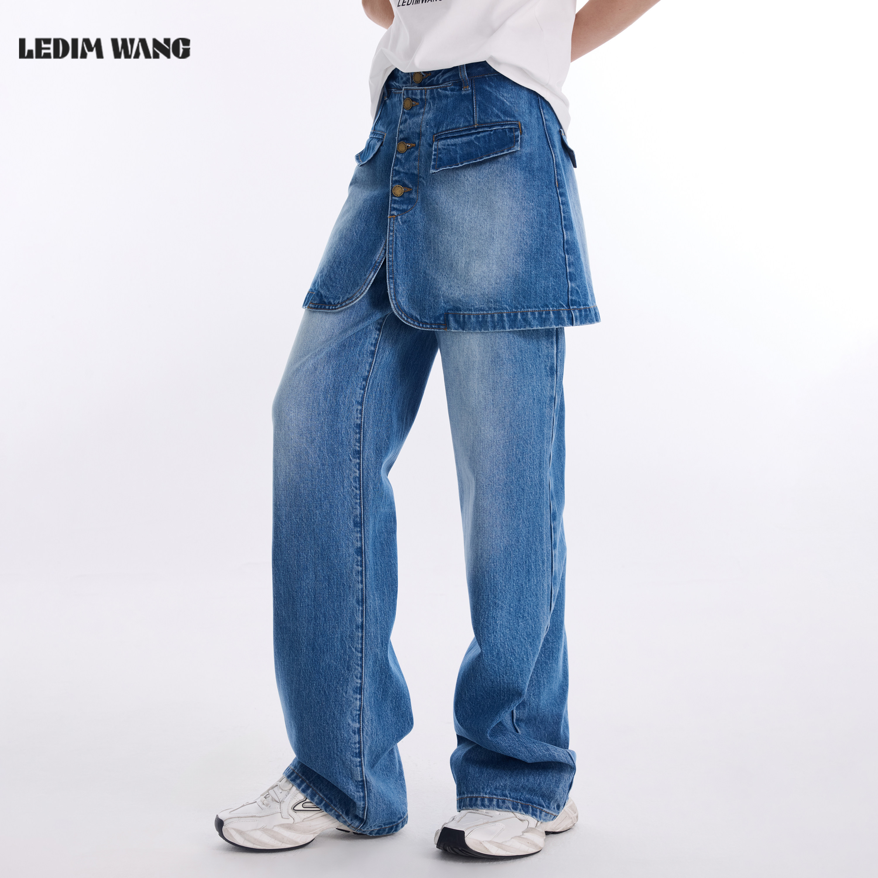 LEDIM WANG搭片直筒牛仔裤女2026春新款蓝色丹宁叠搭纯棉百搭长裤,女装/女士精品,牛仔裤,淘宝优惠券,粉丝福利购,淘宝优惠卷