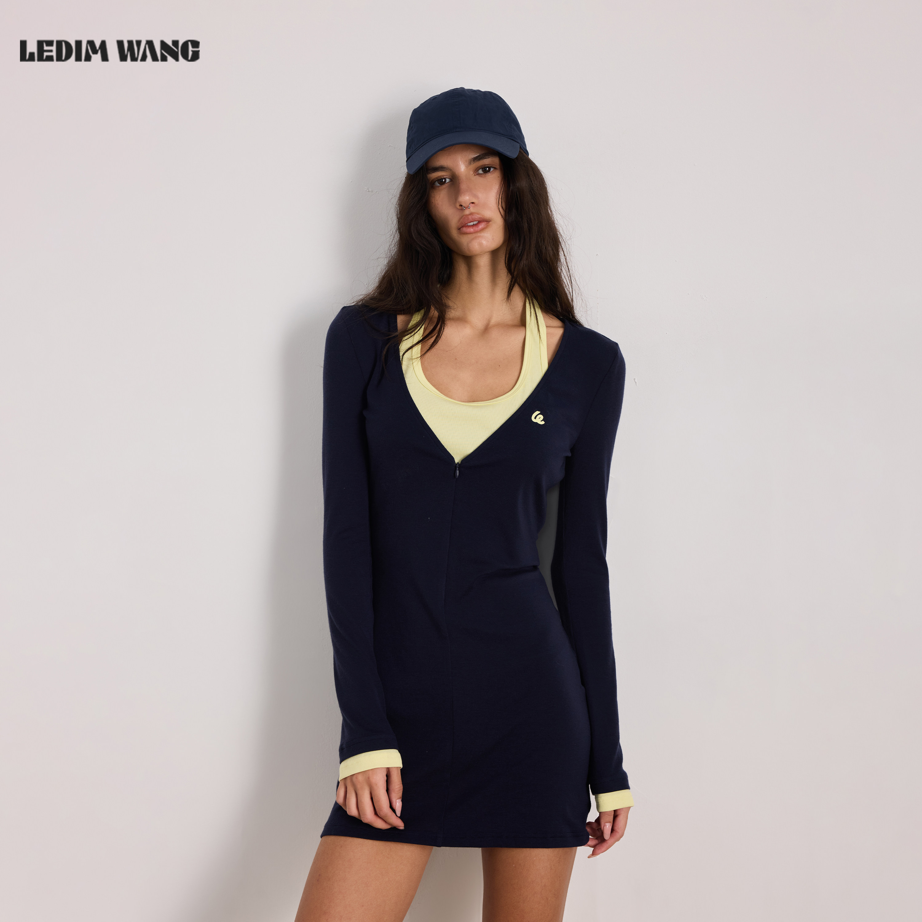 LEDIM WANG天丝莱赛尔修身连衣裙女薄款藏青色假两件短裙26夏新款