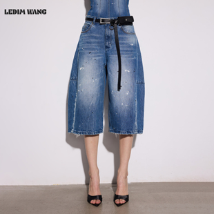 泼墨毛絮休闲中裤 LEDIM 女2026春夏新款 七分裤 WANG复古廓形牛仔裤