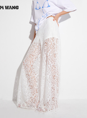 LEDIM WANG【白标系列】镂空蕾丝休闲裤女春夏季新款白色阔腿裤