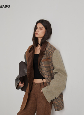 【明星同款】LEDIM WANG绵羊毛西装棉服外套女拼色西服25秋冬新款