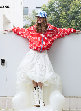 LEDIM WANG立体褶皱白色半身裙女2026春季新款A字不规则中长裙