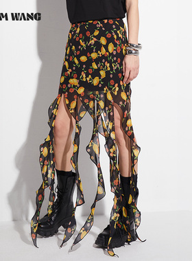 LEDIM WANG【白标系列】荷叶海带半身裙女夏黑色包臀短裙2025新款