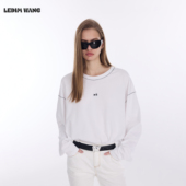 T恤女2026春新款 LEDIM WANG撞色刺绣长袖 白色宽松亲肤通勤上衣