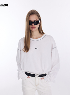 LEDIM WANG撞色刺绣长袖T恤女2026春新款白色宽松亲肤通勤上衣