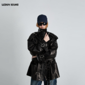 LEDIM WANG小羊皮外套皮衣女25秋冬新款 宽松夹克黑色驼绒棉服