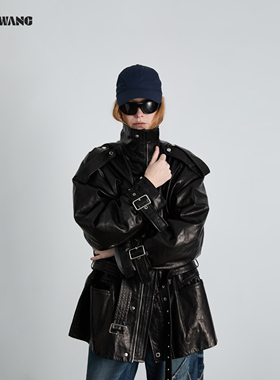 LEDIM WANG小羊皮外套皮衣女25秋冬新款宽松夹克黑色驼绒棉服