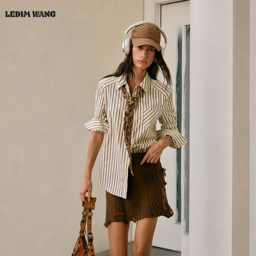 LEDIMWANG复古豹纹领带衬衫女