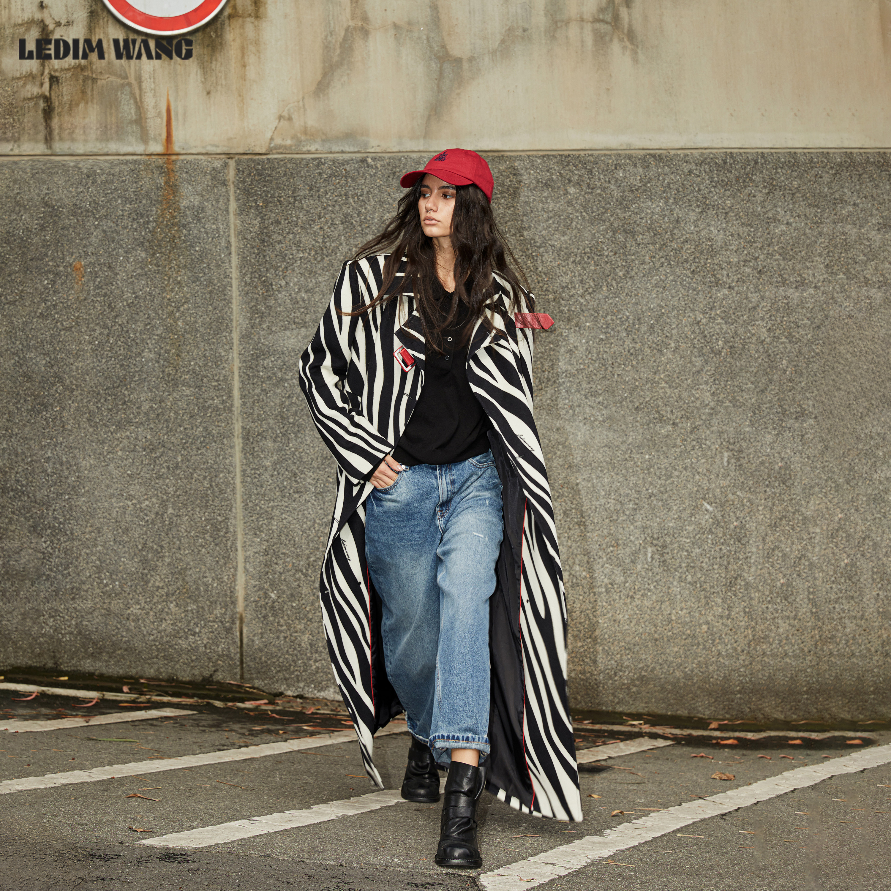 LEDIMWANG羊毛斑马纹毛呢大衣