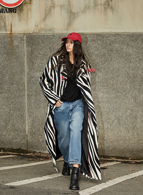 LEDIM WANG黑标斑马纹毛呢外套女25秋冬绵羊毛都市游牧风长款大衣