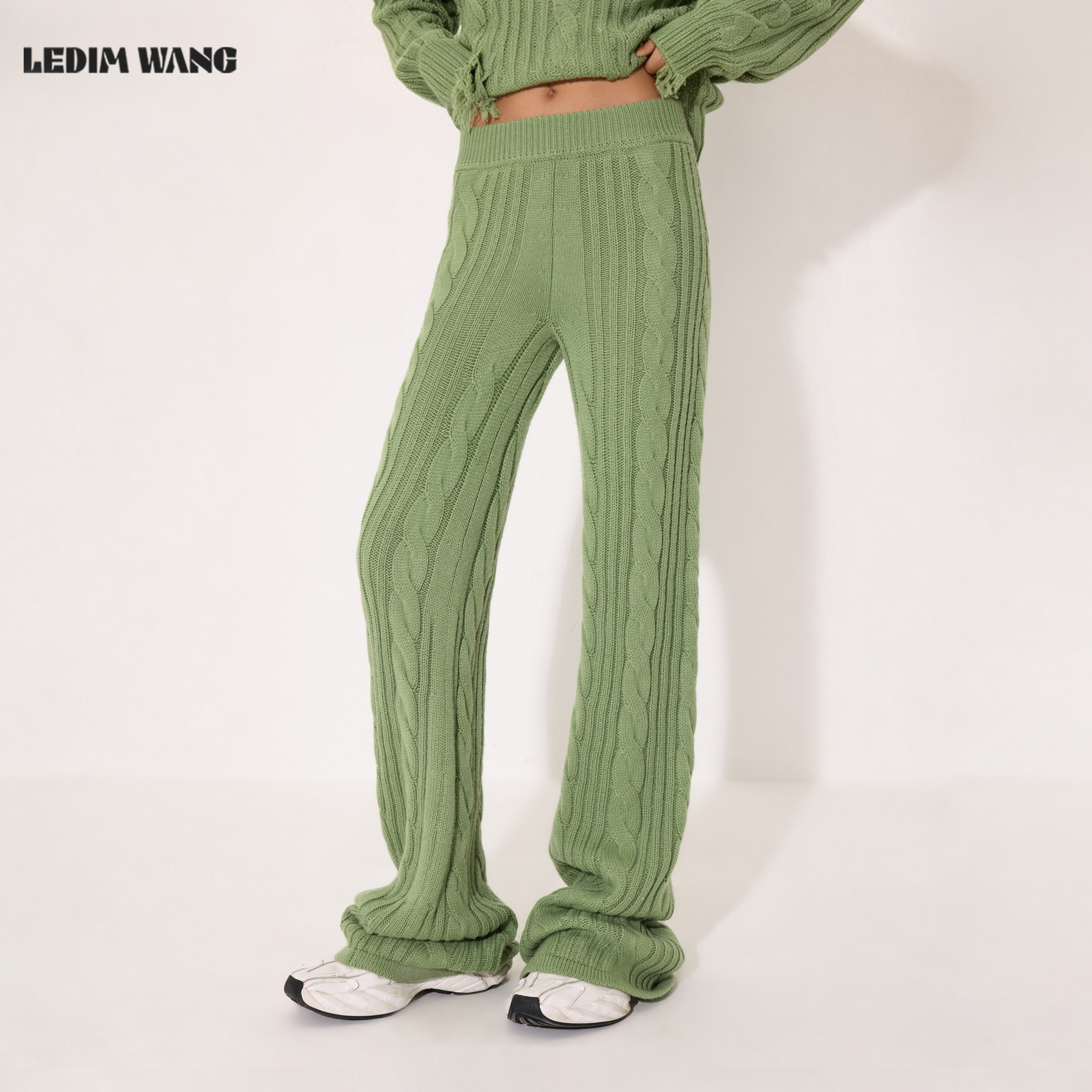 LEDIM WANG麻花编织毛线休闲裤女绿色微喇针织直筒长裤26秋冬新款