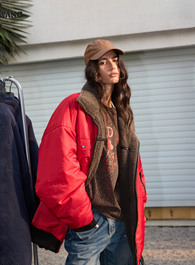 LEDIM WANG正反两穿阔版夹克棉服女25秋冬新款灰红撞色宽松外套