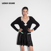 女25秋长袖 LEDIM WANG撞色轻薄凉感防晒莱赛尔黑亚麻针织开衫 上衣