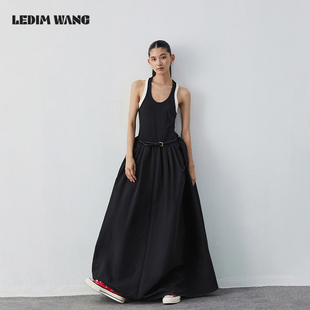 无袖 撞色春夏新款 针织长裙 WANG假两件背心连衣裙女中长款 LEDIM