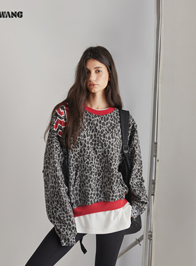 【明星同款】LEDIM WANG豹纹印花卫衣女25冬美式纯棉宽松针织长袖