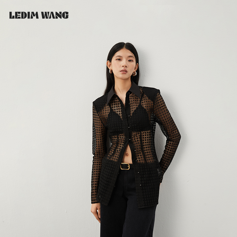 LEDIM WANG蕾丝拼接镂空衬衣2024早春新款设计师原创翻领衬衫女