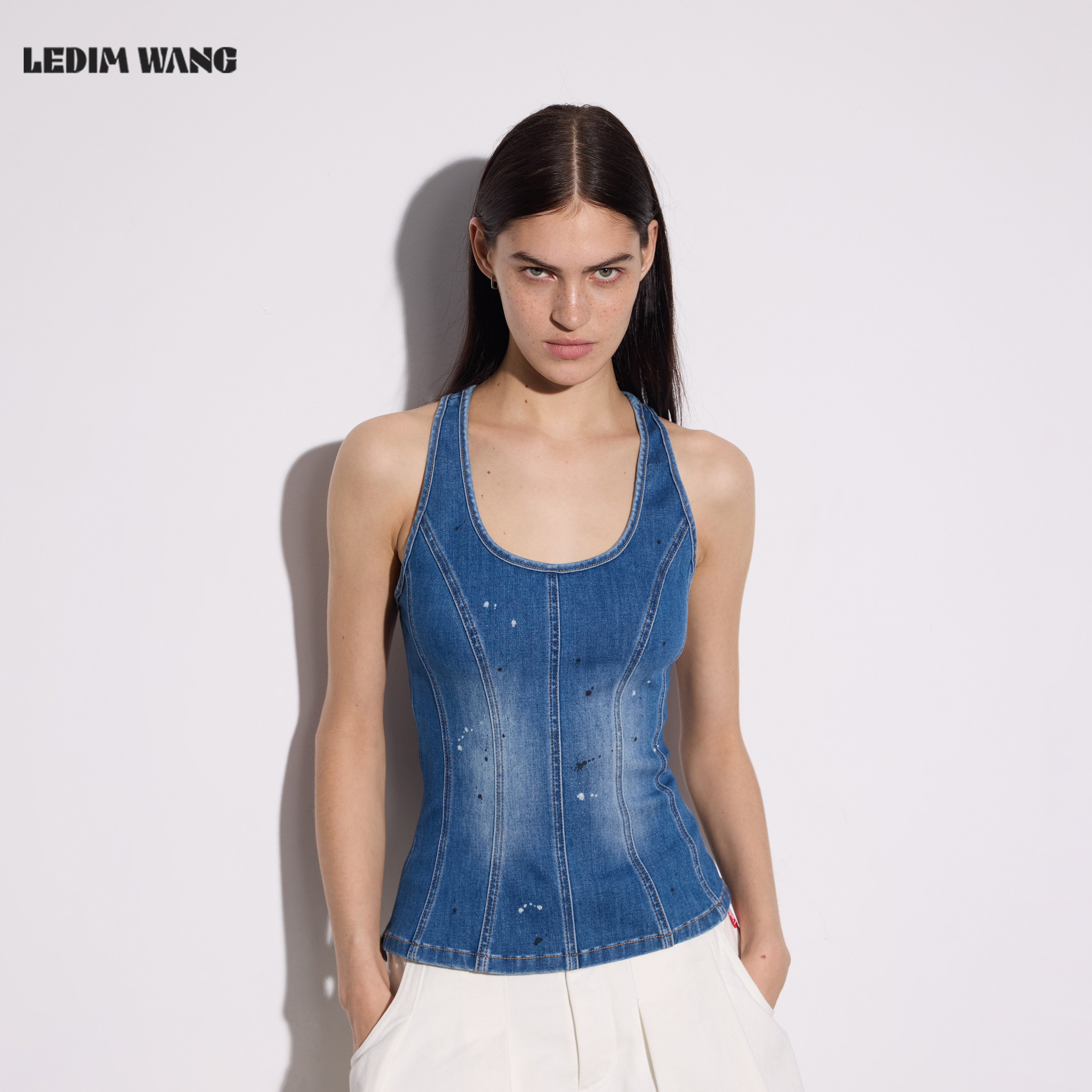 LEDIM WANG水洗收腰工字牛仔背心吊带女2026夏季新款显瘦修身上衣