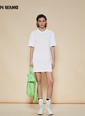 LEDIM WANG极简素白短袖T恤裙女高级感百搭宽松高克重内搭中长款