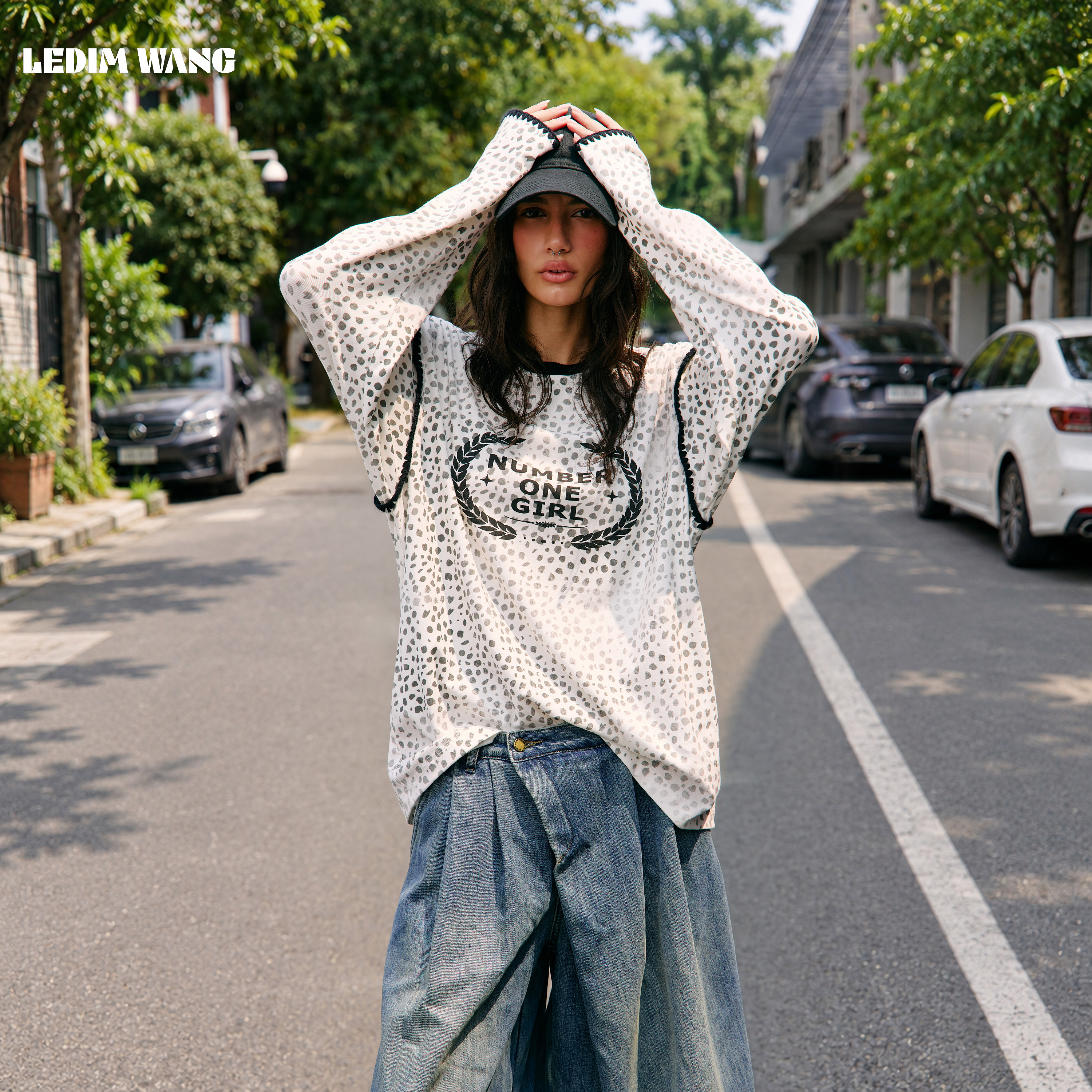 LEDIM WANG撞色豹纹印花长袖T恤女棉质宽松圆领套头上衣26秋新款