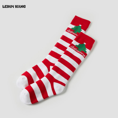 LEDIM WANG【圣诞系列】圣诞树印花红色条纹中筒袜