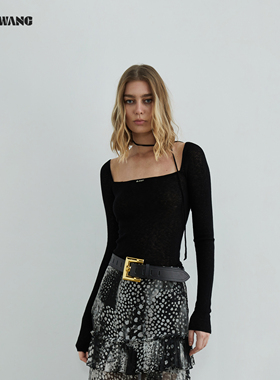 LEDIM WANG飘带方领毛衣女2025秋冬新款黑色修身内搭羊毛打底衫