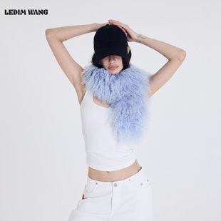 LEDIM WANG羊滩毛皮草围巾女秋冬新款亮蓝色轻奢披肩百搭单品配饰