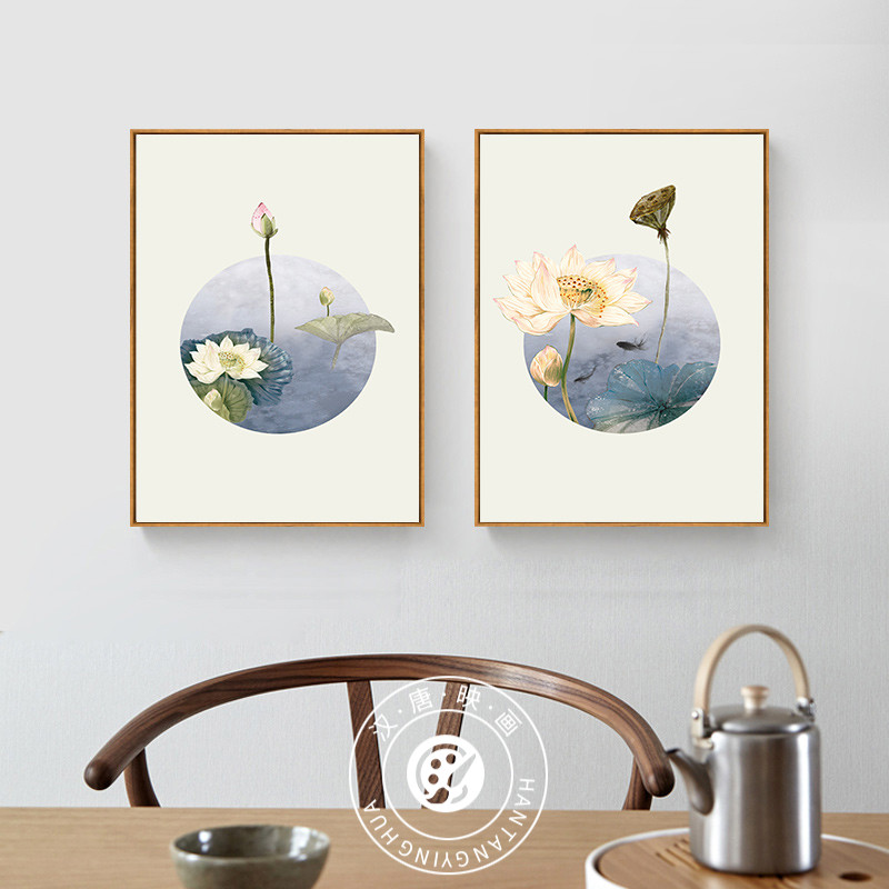 新品中国风古典国画荷花装饰画花开富贵客厅沙发背景墙中式三联画图片