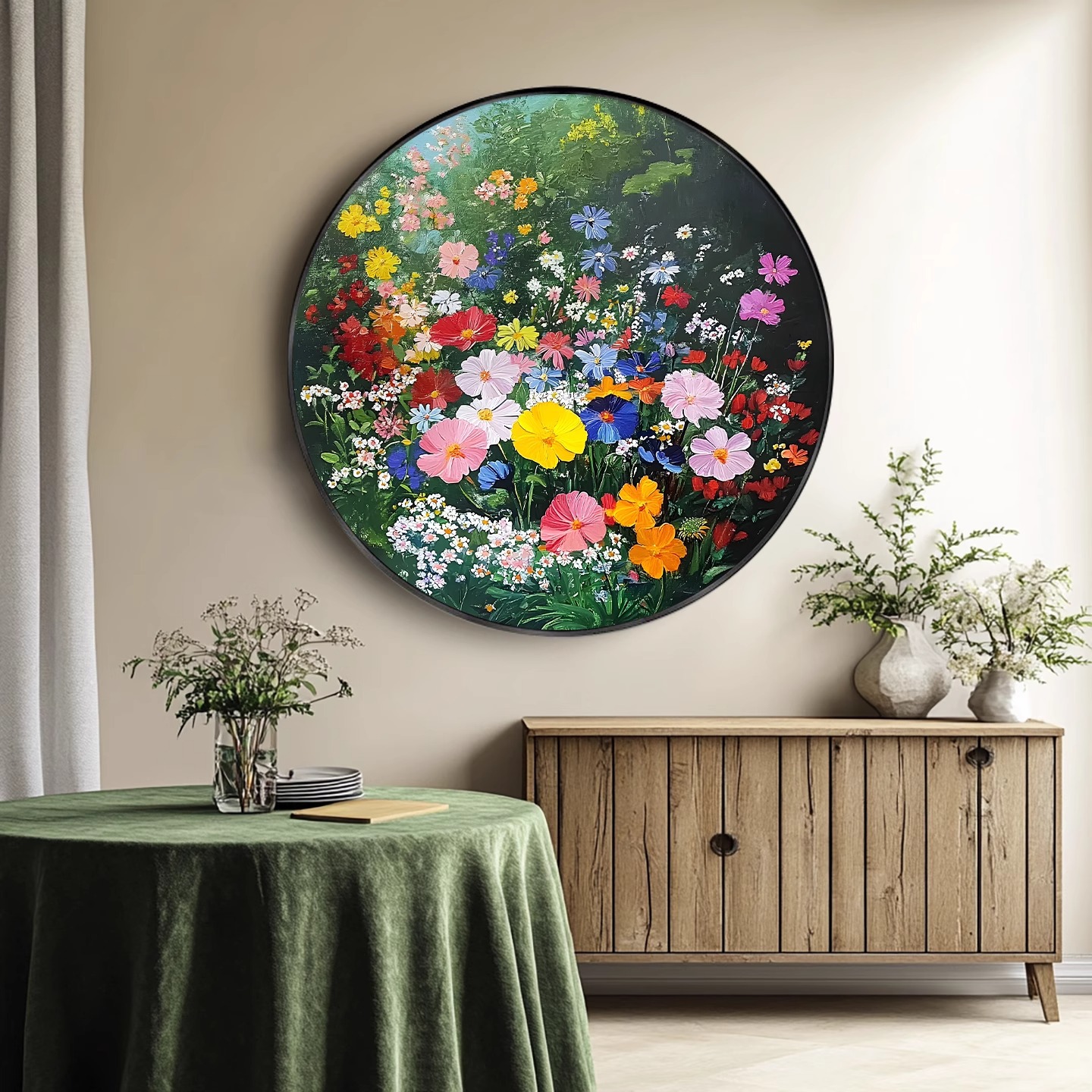 圆形花卉肌理感挂画北欧小清新入户门壁画奶油风餐厅背景墙装饰画图片