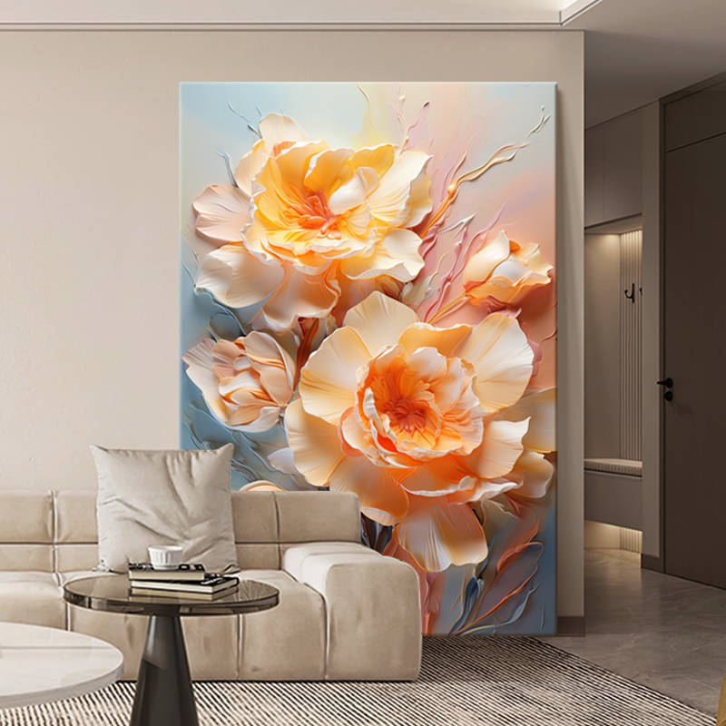 奶油风肌理感花卉客厅落地画高级感大气花开富贵沙发背景墙装饰画