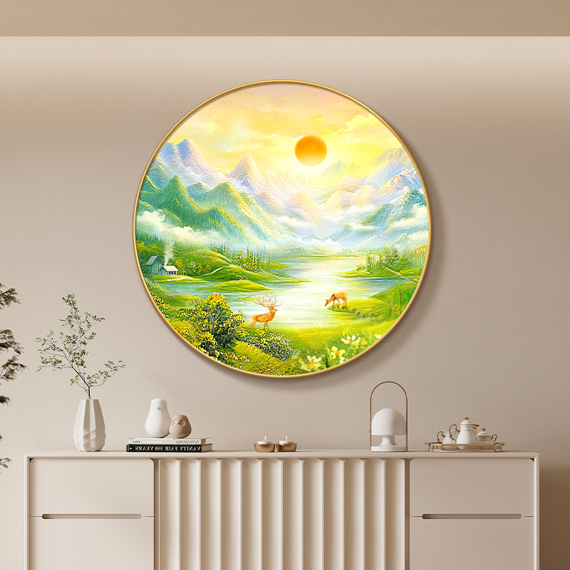 流水生财圆形玄关挂画现代简约高级感客厅装饰画福禄招财风景壁画图片