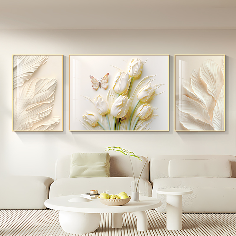 奶油风郁金香客厅装饰画大白墙立体肌理花卉抽象挂画2025新款壁画图片