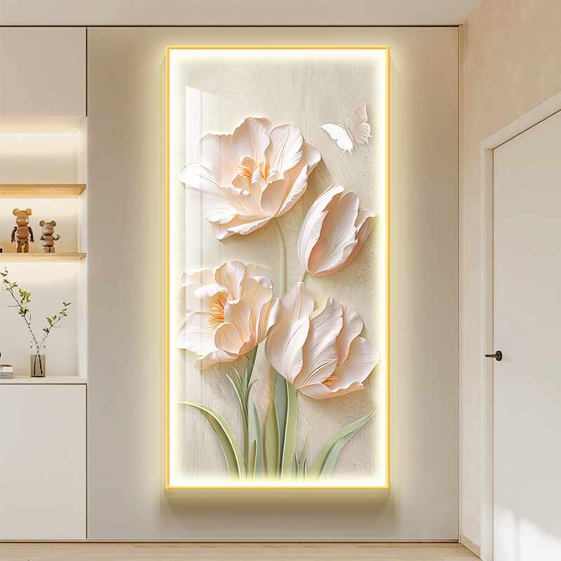 郁金香氛围感玄关灯画奶油风led发光装饰画花卉入户门口墙面装饰图片