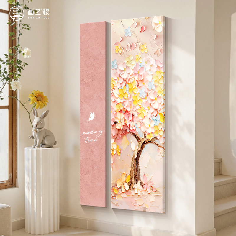 彩绘摇钱树正对门入户画奶油风温馨大芬村油画创意两联玄关装饰画图片