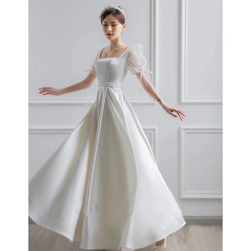 白色领证小礼服轻婚纱高端洋装登记小白裙气质日常缎面订婚连衣裙